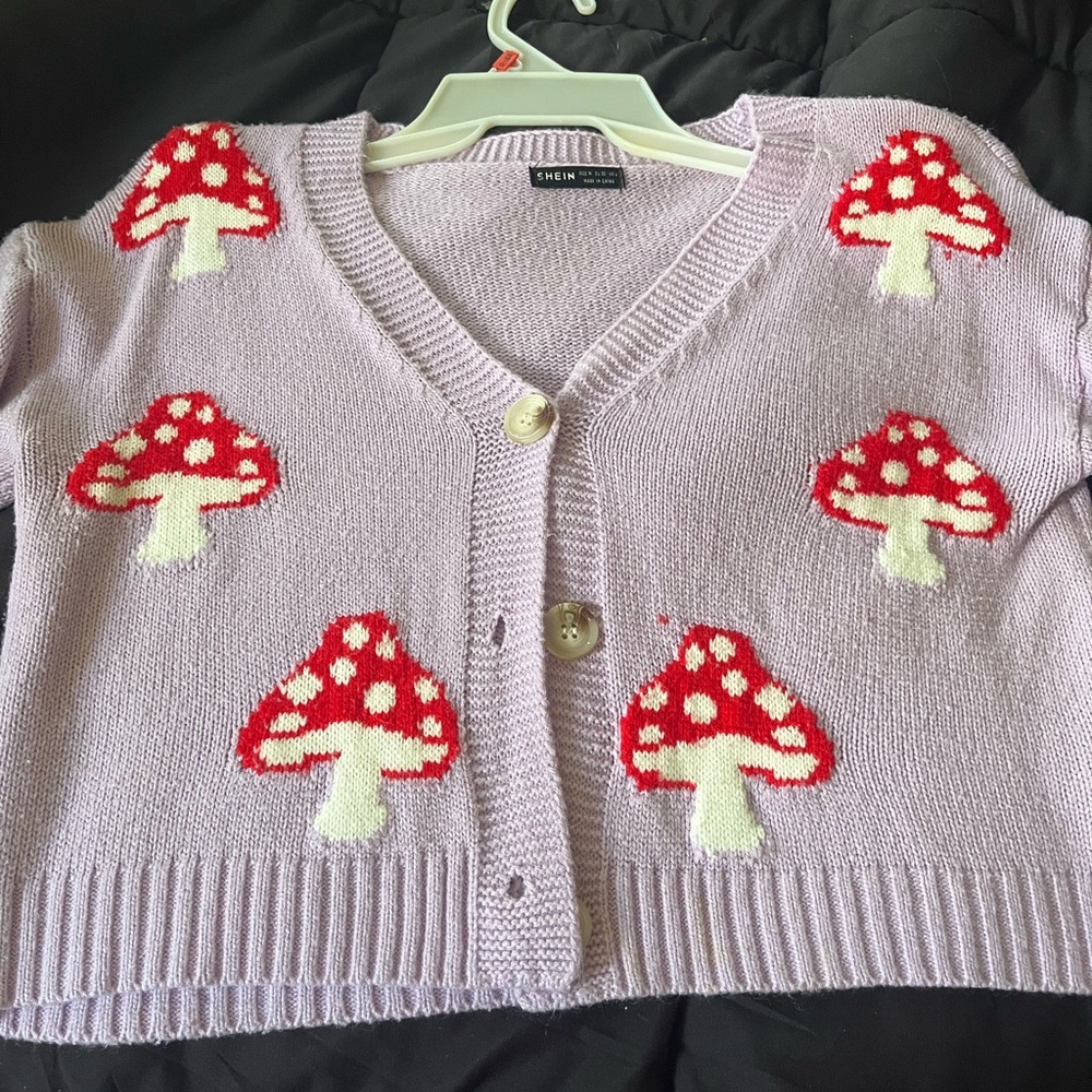 SHEIN Kids Lavender Cardigan with Red Mushroom Design